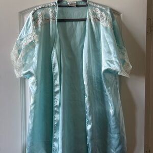 Vintage 80s Light Blue Satin Robe with Lace Details